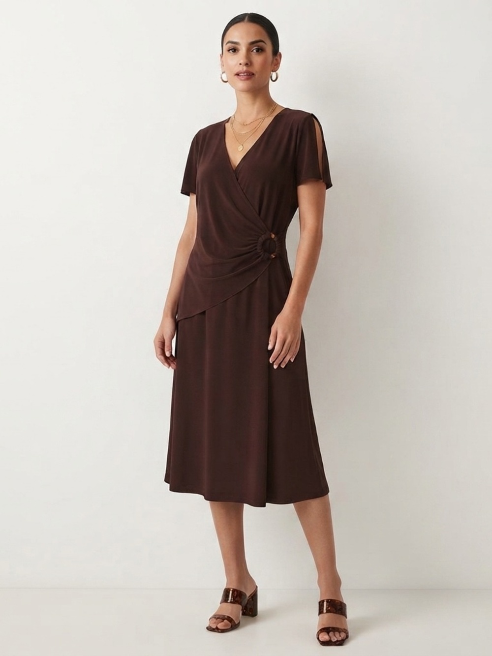 Vintage Y2K 90s Brown Faux Wrap Midi Dress Size 14 Office Siren